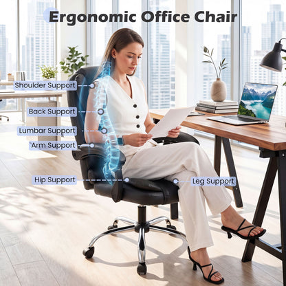 Big High Back Executive Chair with Linkage Armrests and Leather Padded Seat for Office, Black