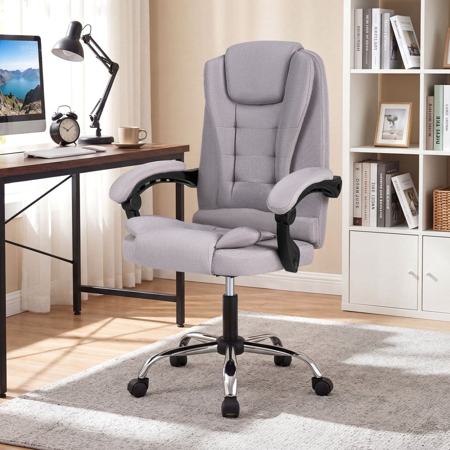 Big High Back Executive Chair with Linkage Armrests and Leather Padded Seat for Office, Gray