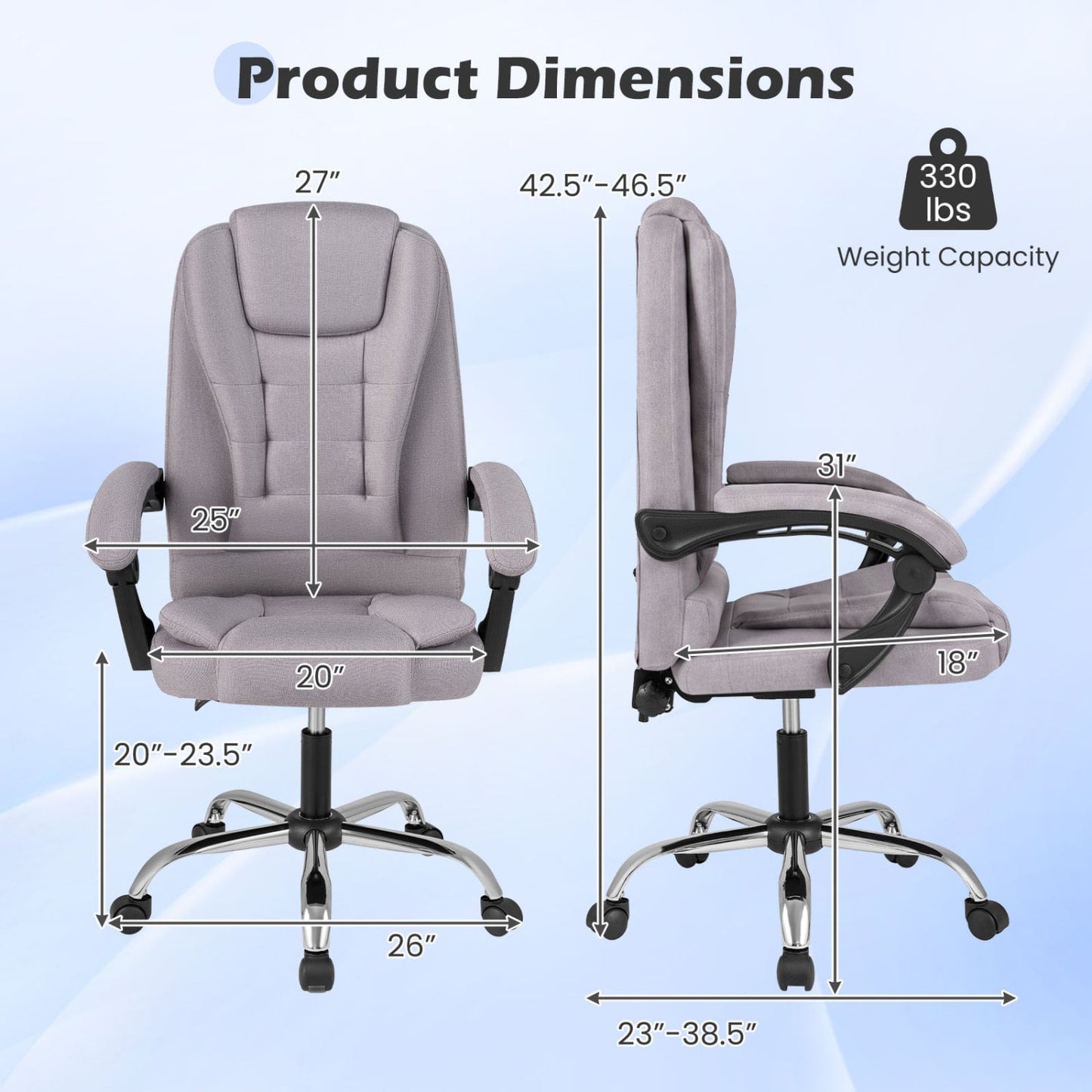 Big High Back Executive Chair with Linkage Armrests and Leather Padded Seat for Office, Gray