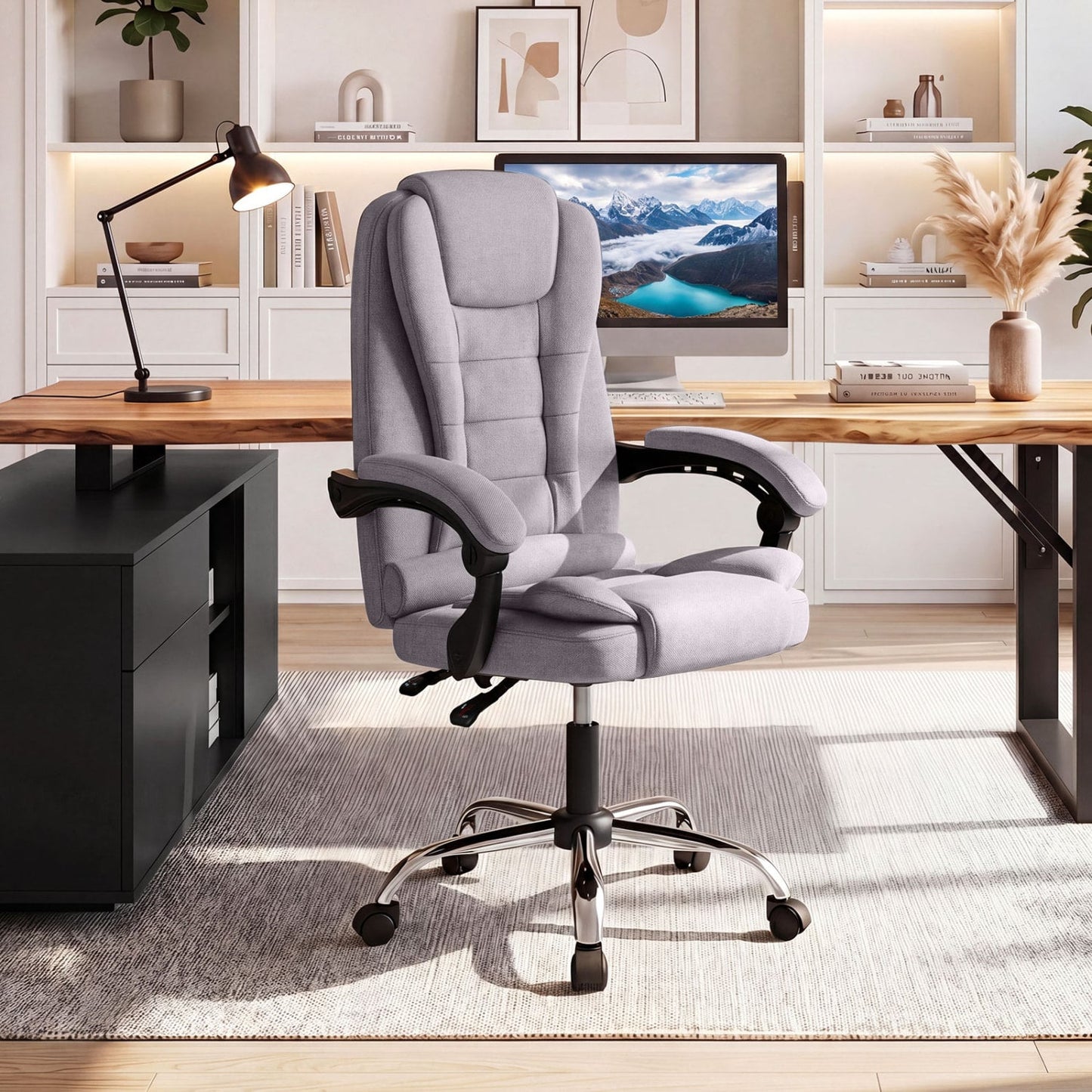 Big High Back Executive Chair with Linkage Armrests and Leather Padded Seat for Office, Gray