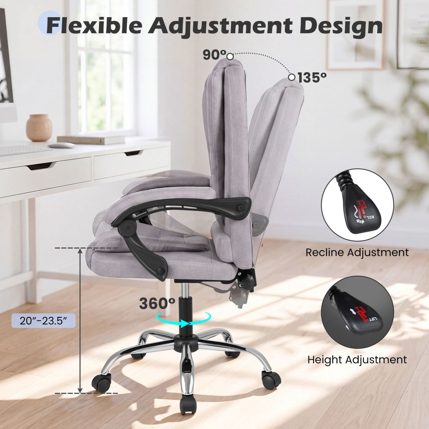 Big High Back Executive Chair with Linkage Armrests and Leather Padded Seat for Office, Gray