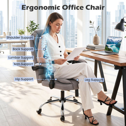 Big High Back Executive Chair with Linkage Armrests and Leather Padded Seat for Office, Gray