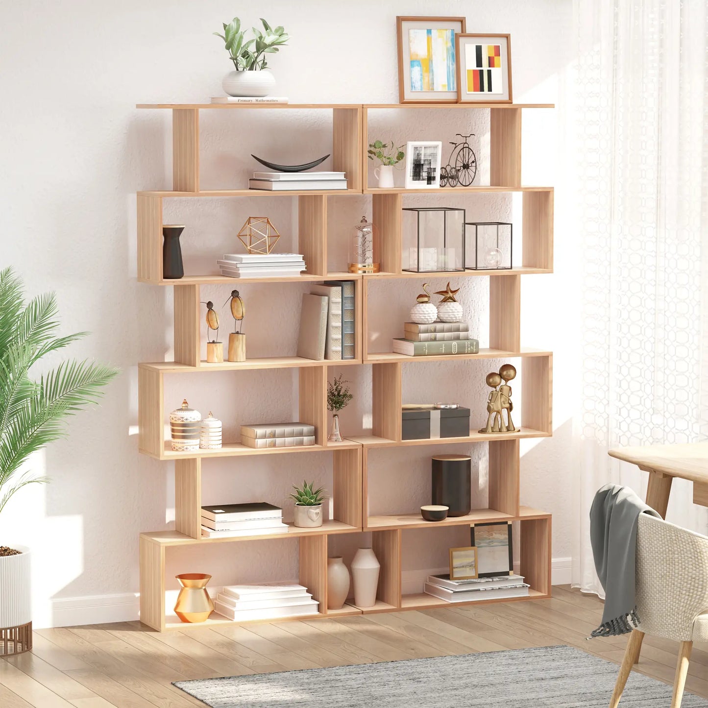 76" 6-Tier Geometric Wooden Bookcase, S Shaped Storage Display, Maple Display Bookshelves at Gallery Canada