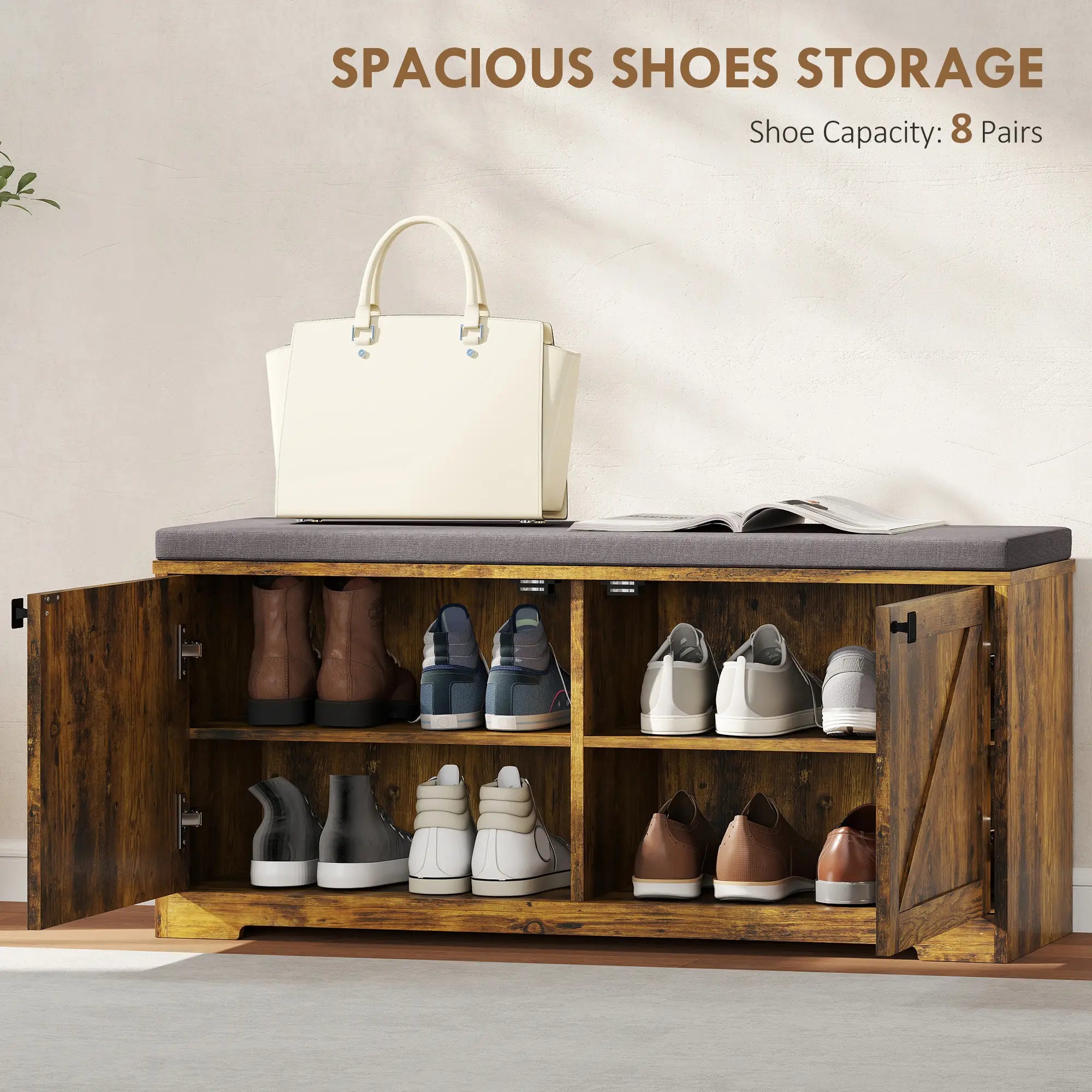 Shoe Storage Bench with Padded Seat, 8 Pairs, Rustic Brown, Brown Shoe Storage Cabinets & Racks at Gallery Canada