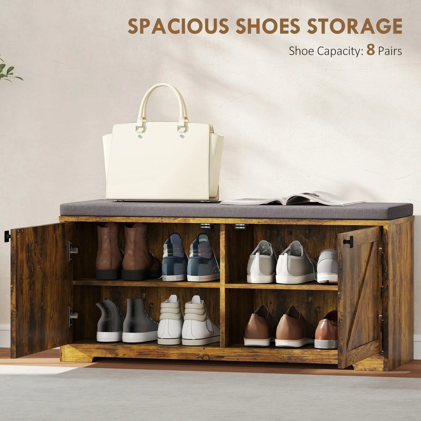 Shoe Storage Bench with Padded Seat, 8 Pairs, Rustic Brown, Brown Shoe Storage Cabinets & Racks at Gallery Canada