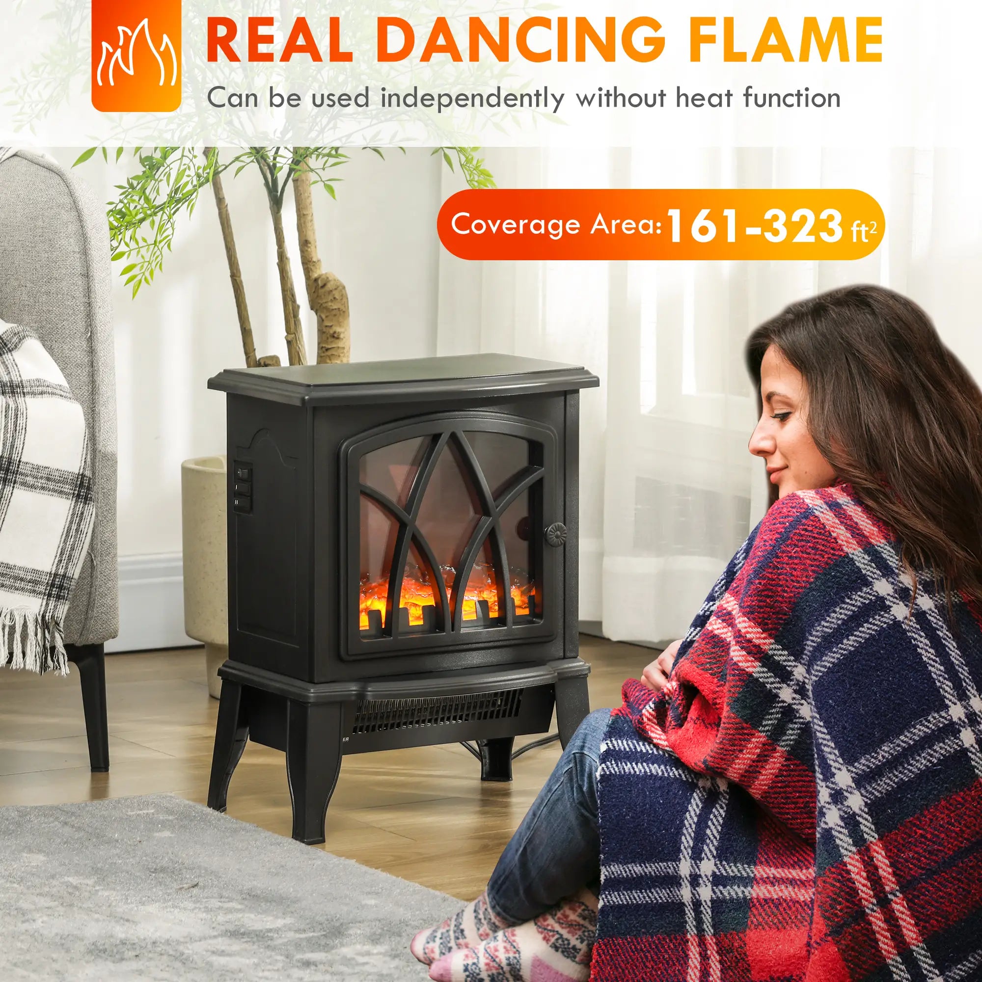 Electric Fireplace Heater, Freestanding Stove, Realistic Flame, Overheat Protection, 750W/1500W, Black Electric Fireplaces at Gallery Canada