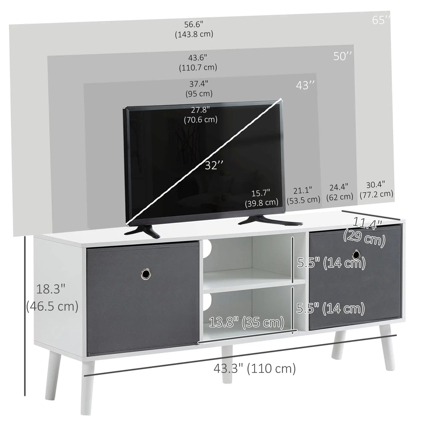 Modern TV Stand with Foldable Drawers, Shelves, White TV Stands at Gallery Canada