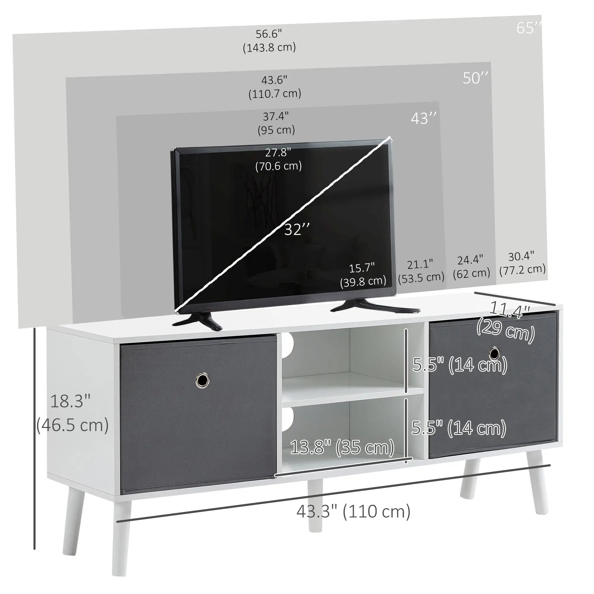 Modern TV Stand with Foldable Drawers, Shelves, White TV Stands at Gallery Canada