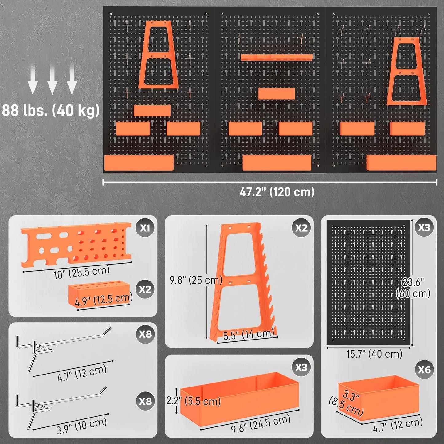 33 Piece Metal Pegboard Panels, Peg Board with 16 Hooks, Bins and Racks, Black and Orange Tool Organizers at Gallery Canada