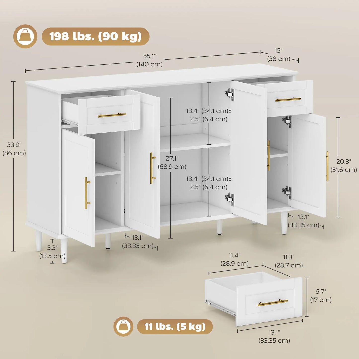 55" Buffet Cabinet, Soft-Close Doors, 2 Drawers, 3 Shelves, White Bar Cabinets at Gallery Canada