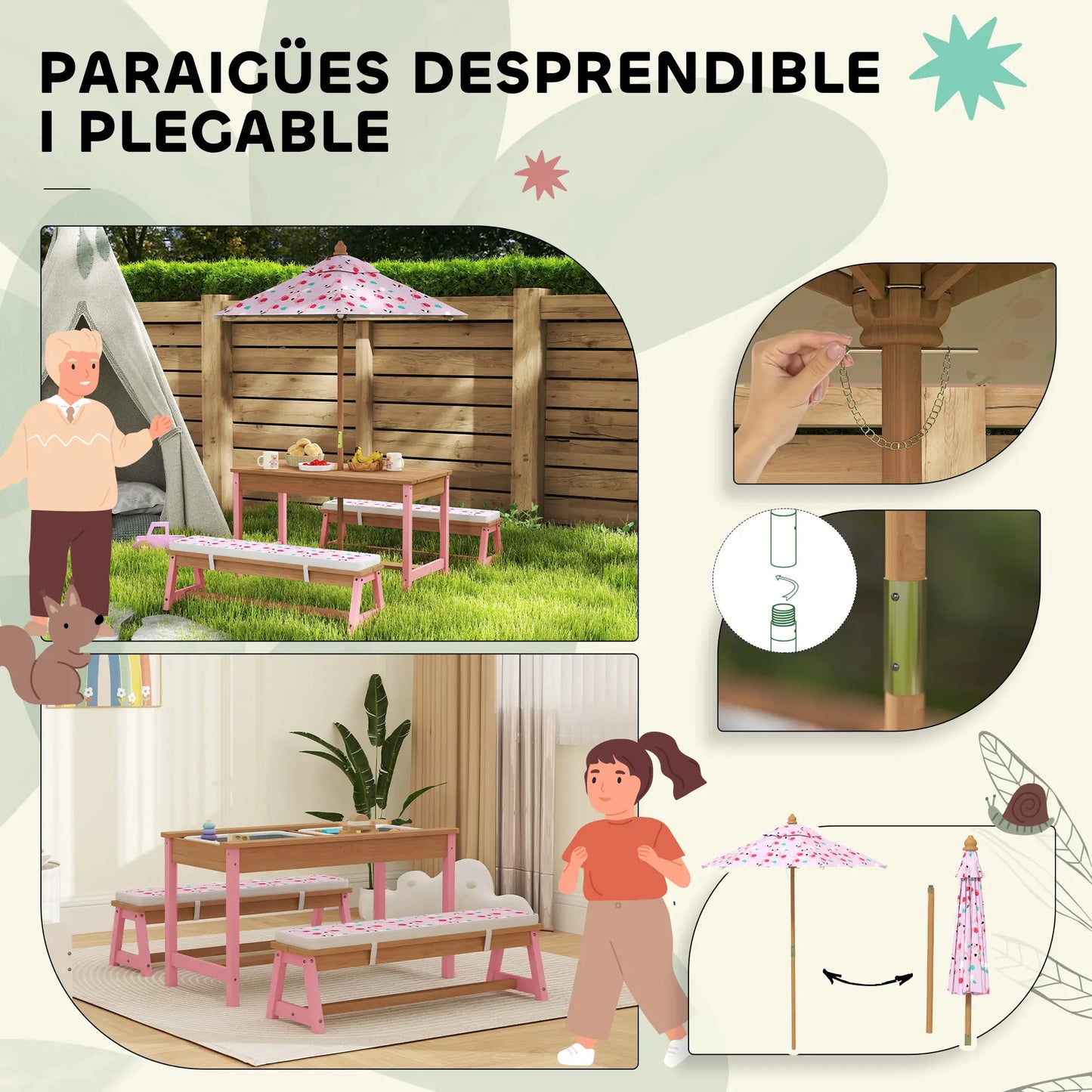 Kids Picnic Table With Bench, Removable Umbrella, Flamingo Theme, Pink Kids Outdoor Furniture at Gallery Canada