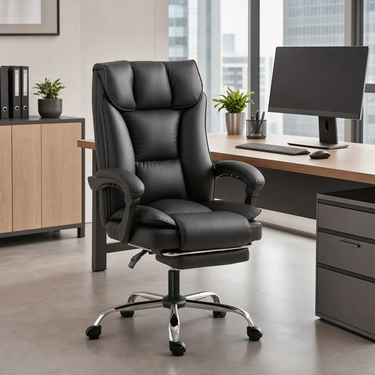 Executive Office Chair, Leather Ergonomic Desk Chair with Footrest, Swivel Recliner, Black Executive & Manager Chairs Black at Gallery Canada