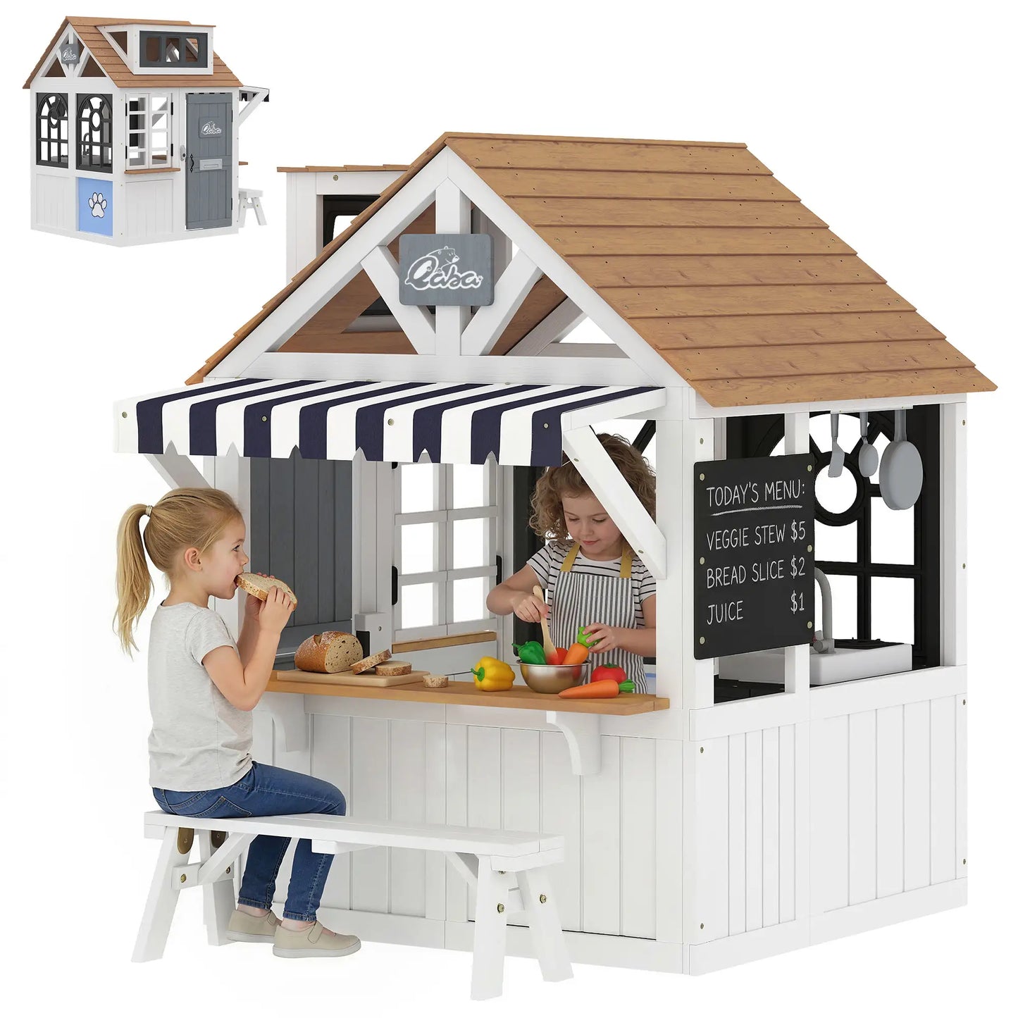 Wooden Kids Playhouse With Dog Door, Cookware, Blackboard, Bench, Doorbell Play Houses White at Gallery Canada