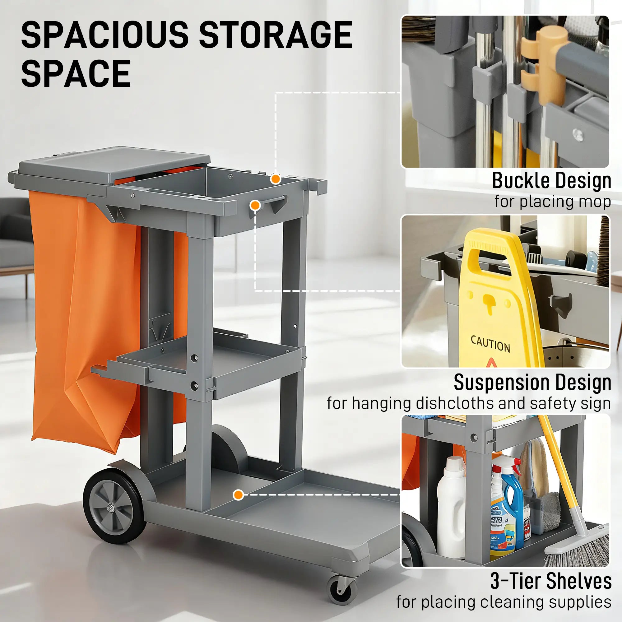 Commercial Janitorial Cart, 3 Tier Shelves, Grey Household Supplies at Gallery Canada