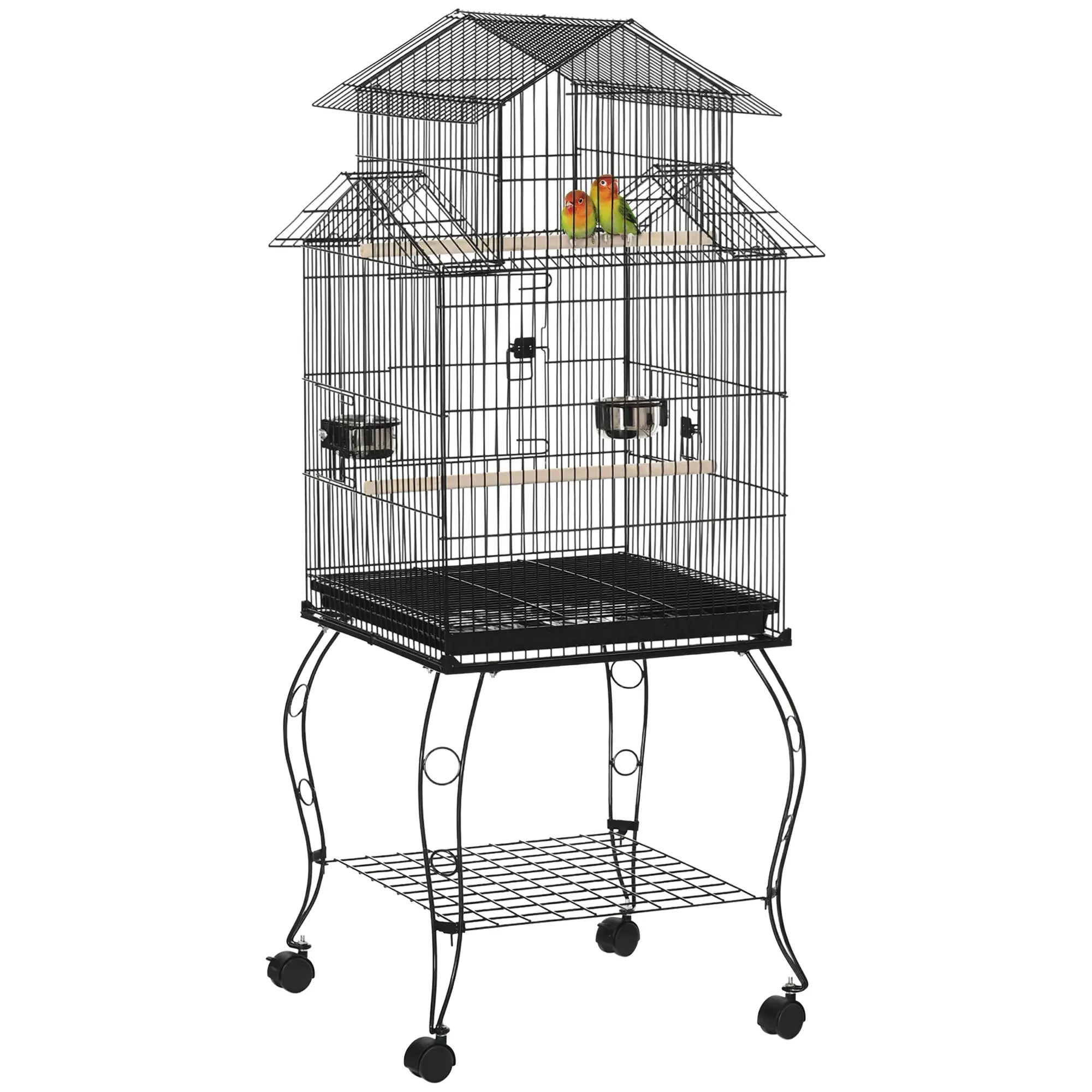 53.9'' Large Rolling Bird Cage, Detachable Stand, Storage Shelf, Black Bird Cages Black at Gallery Canada