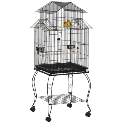 53.9'' Large Rolling Bird Cage, Detachable Stand, Storage Shelf, Black Bird Cages Black at Gallery Canada