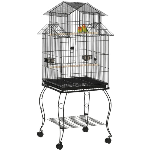53.9'' Large Rolling Bird Cage, Detachable Stand, Storage Shelf, Black