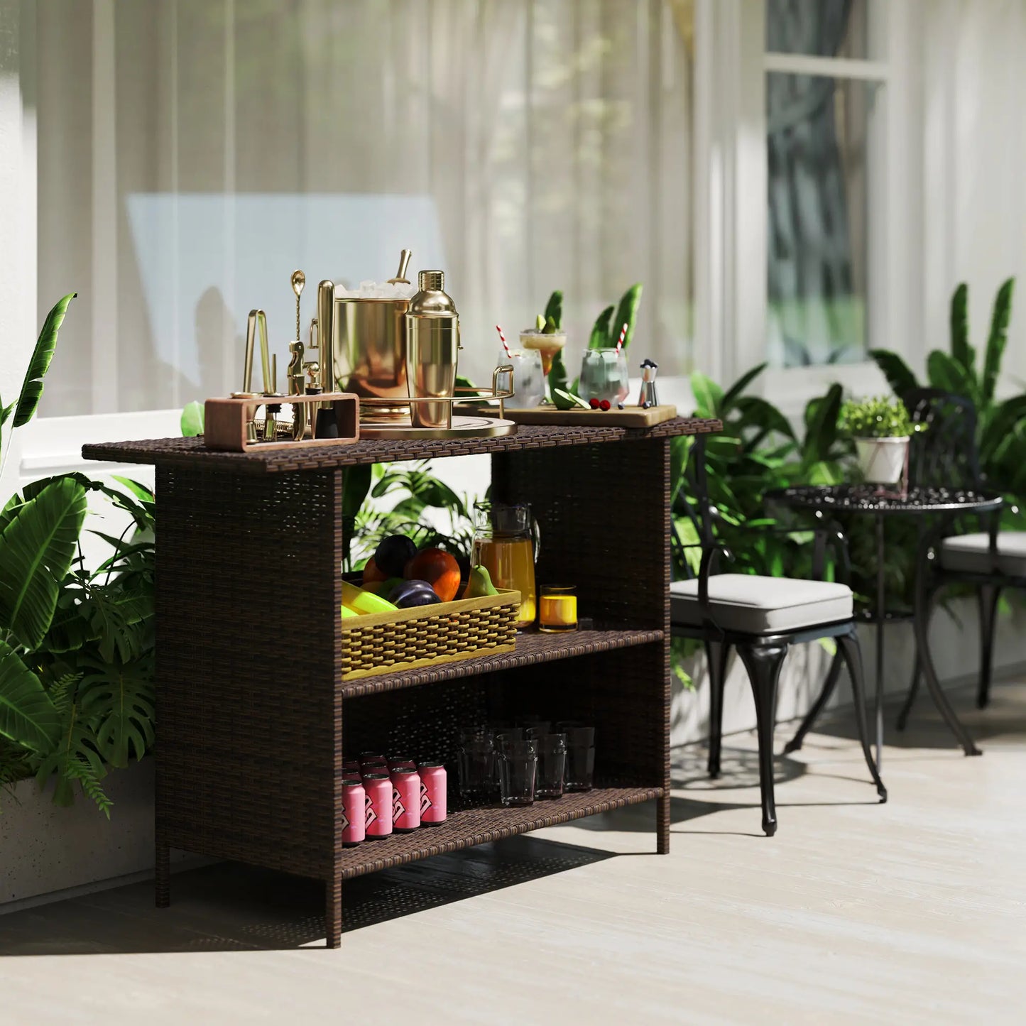 Wicker Outdoor Bar Table, PE Rattan, 2 Shelves, Steel Frame, Dark Brown Bistro Sets at Gallery Canada
