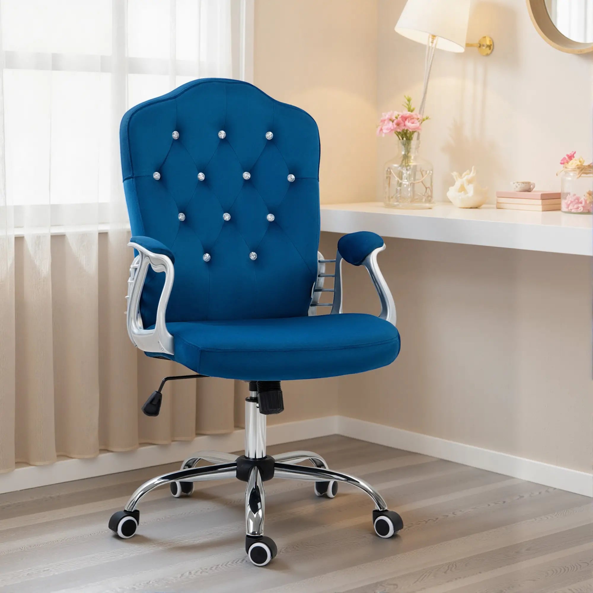 Velvet Office Chair, Button Tufted, Swivel Wheels, Adjustable Height, Blue Executive & Manager Chairs at Gallery Canada