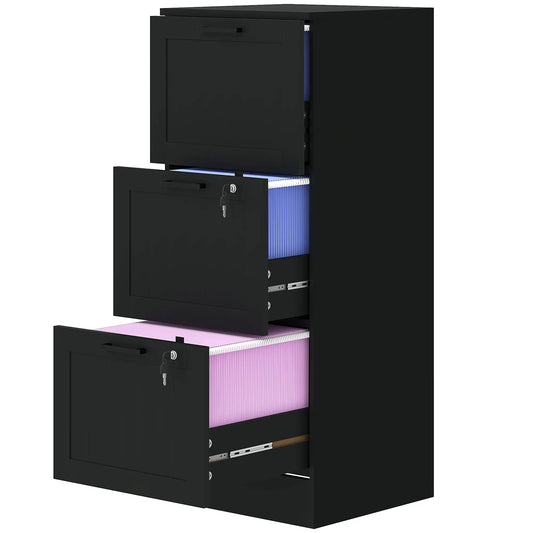 3 Drawer Filing Cabinet with Lock, Adjustable Hanging Bars, Black Office Cabinets & Cupboards Black at Gallery Canada