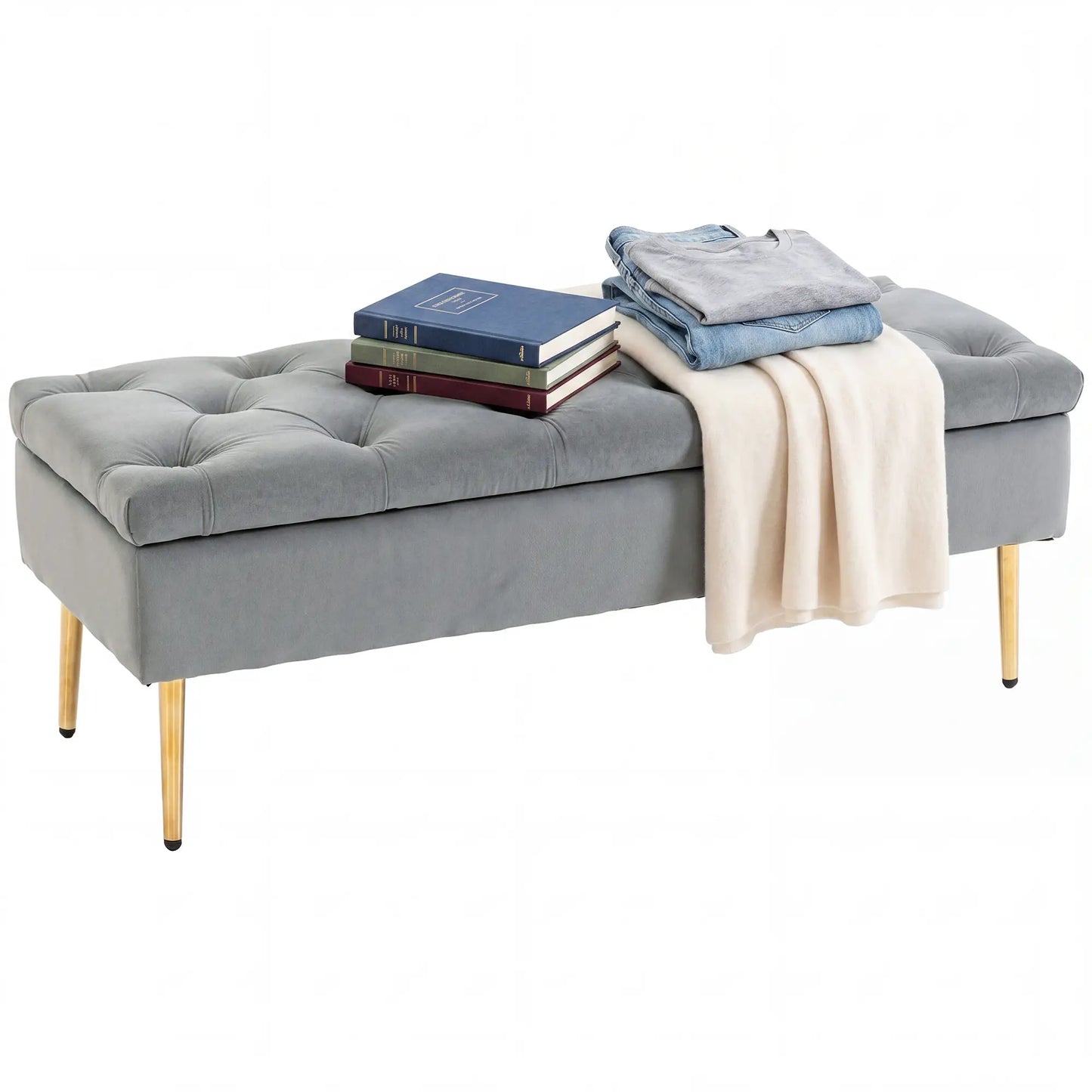 Upholstered Bedroom Bench with Gold Tone Metal Legs, Velvet Tufted and Thick Padding, Grey