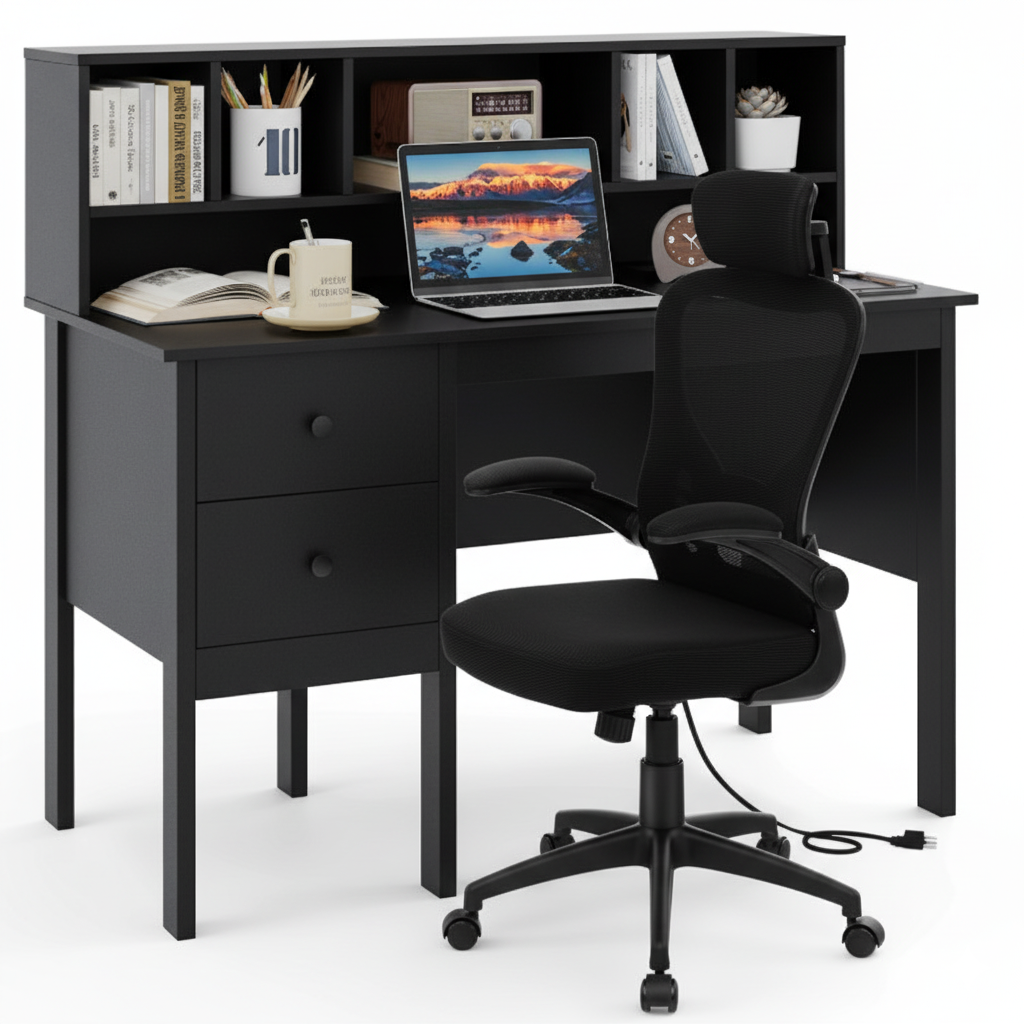 48 Inch Computer Desk, Ergonomic Mesh Office Chair, Black Home Office at Gallery Canada