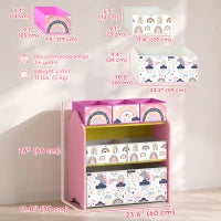 Organisateur de rangement pour enfants à 3 niveaux, 6 bacs, rose