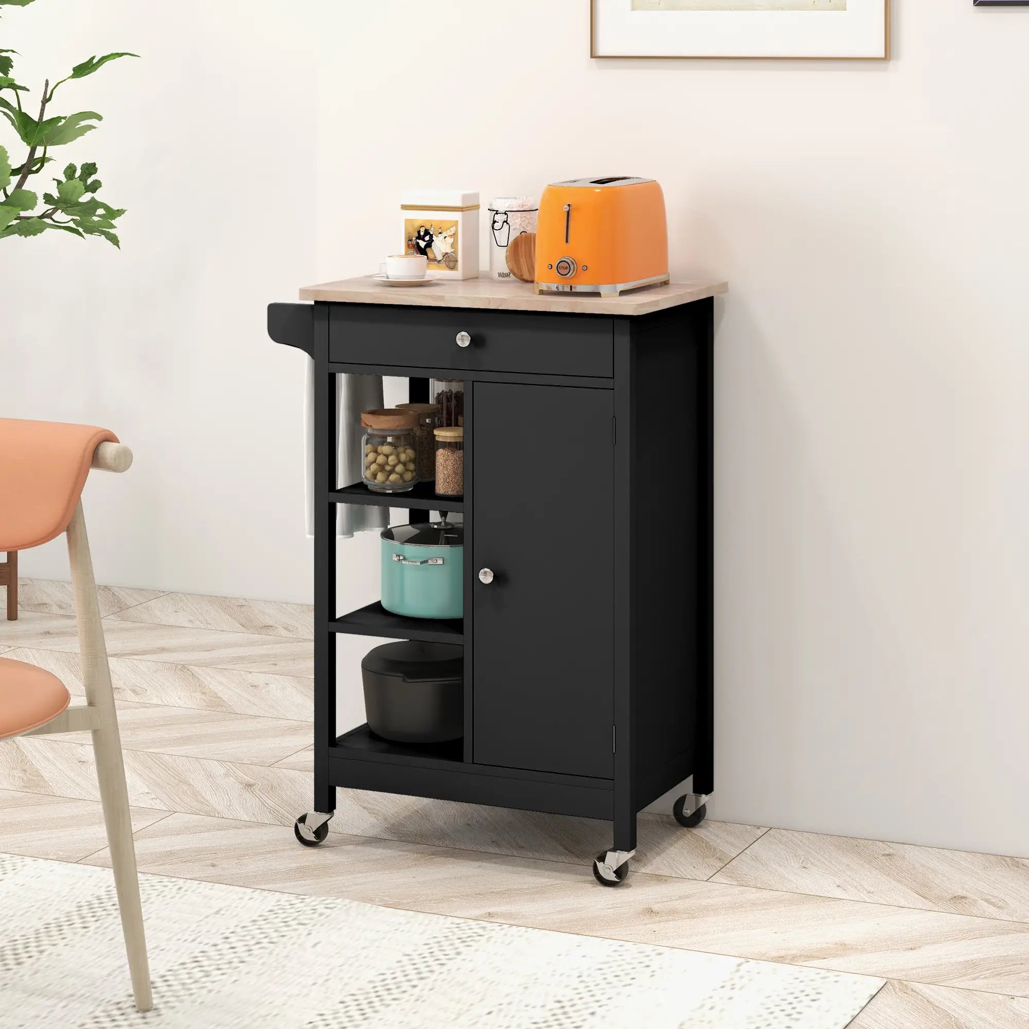Modern Rolling Kitchen Island Cart, Natural Wood Top, Black Kitchen Islands & Kitchen Carts at Gallery Canada