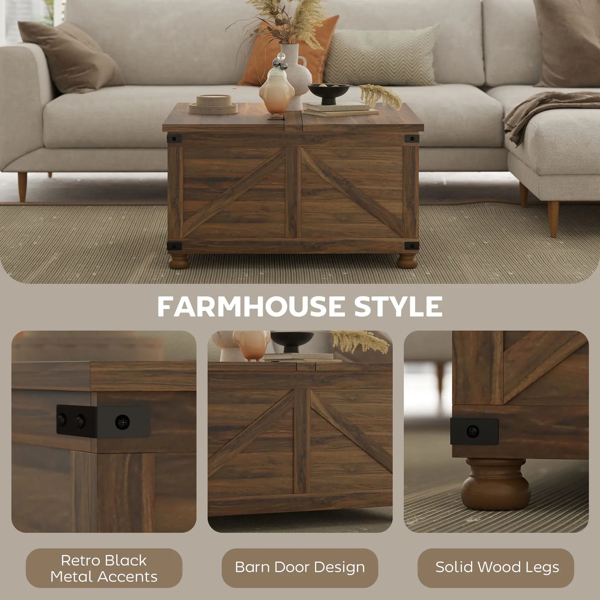Lift Top Coffee Table, 32" Farmhouse Style, Hidden Compartment, Brown Wood Grain, Brown Coffee Tables at Gallery Canada