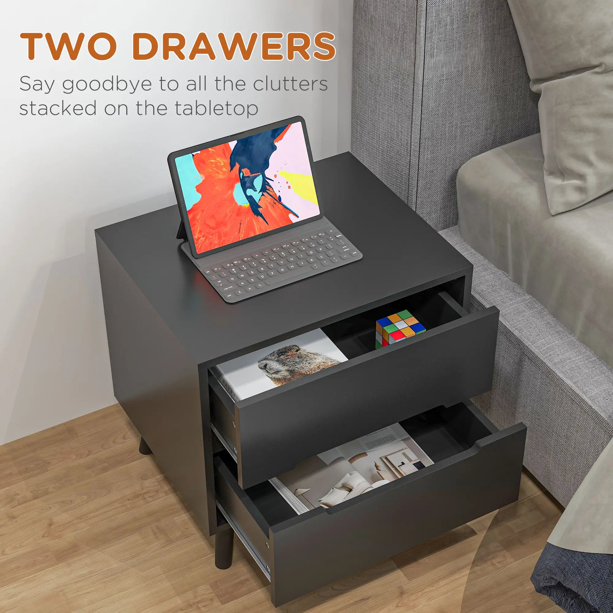 Modern Nightstand, Night Table with 2 Drawers, Bed End Table with Solid Wood Legs for Bedroom Bedside Tables at Gallery Canada