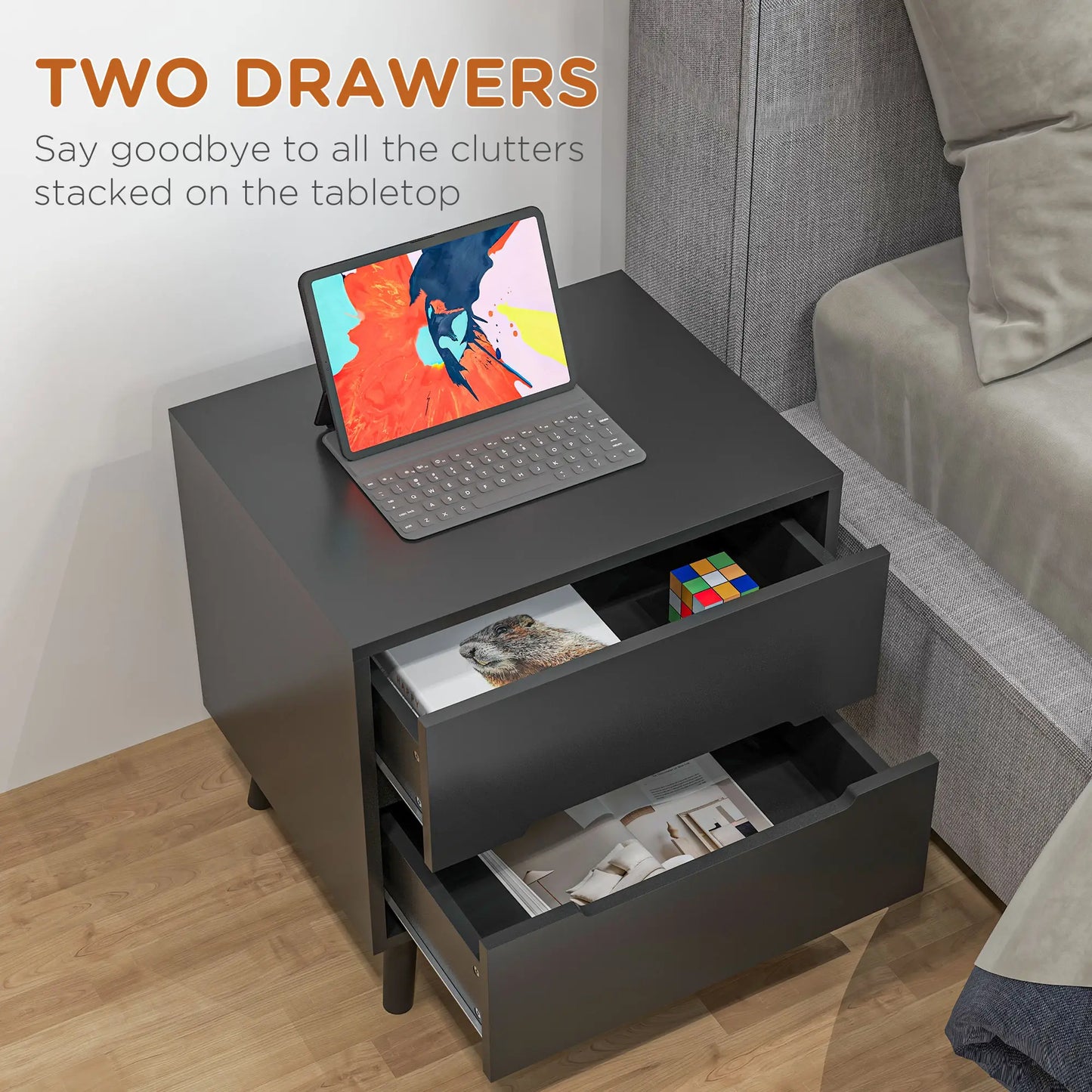 Modern Nightstand, Night Table with 2 Drawers, Bed End Table with Solid Wood Legs for Bedroom Bedside Tables at Gallery Canada