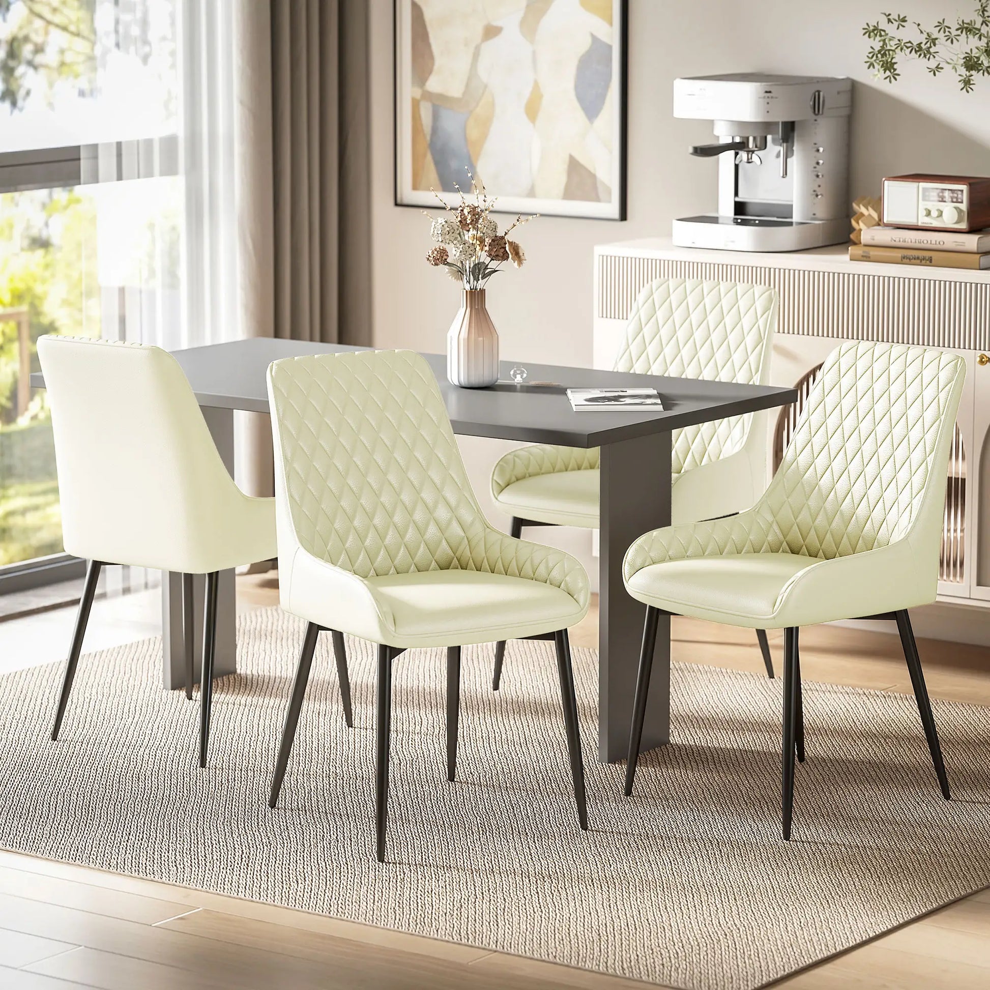 Modern Upholstered Dining Chairs, Set of 4, Diamond Tufting, Steel Legs, Cream Dining Chairs at Gallery Canada