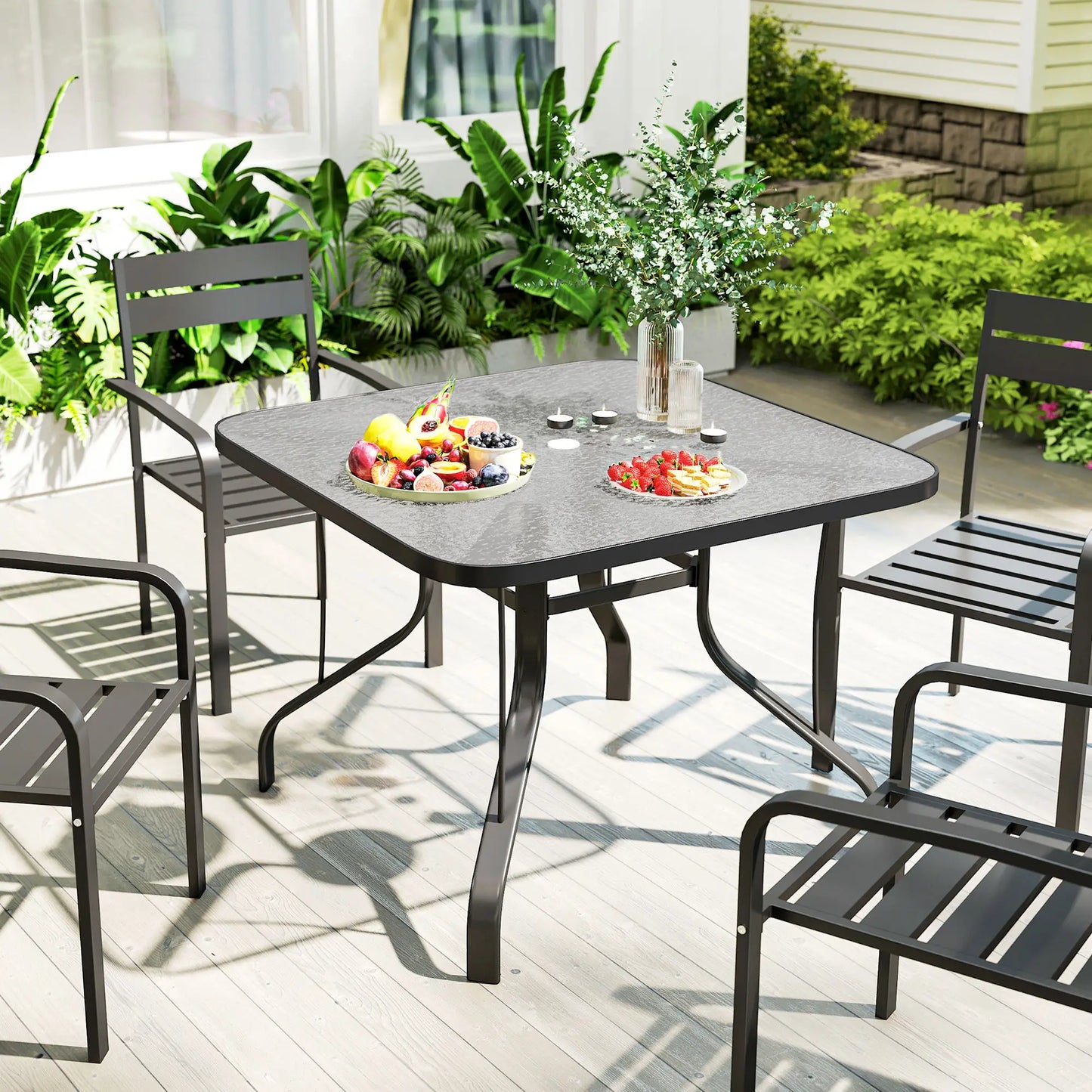 Tempered Glass Square Patio Table, 2.1" Umbrella Hole, 38" x 38" x 28" Patio Dinning Tables at Gallery Canada