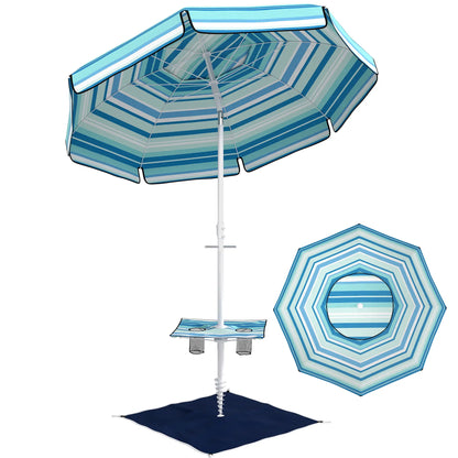 6 ft Portable Beach Umbrella With Foldable Table, Tilting Sun Shade, Dark Blue