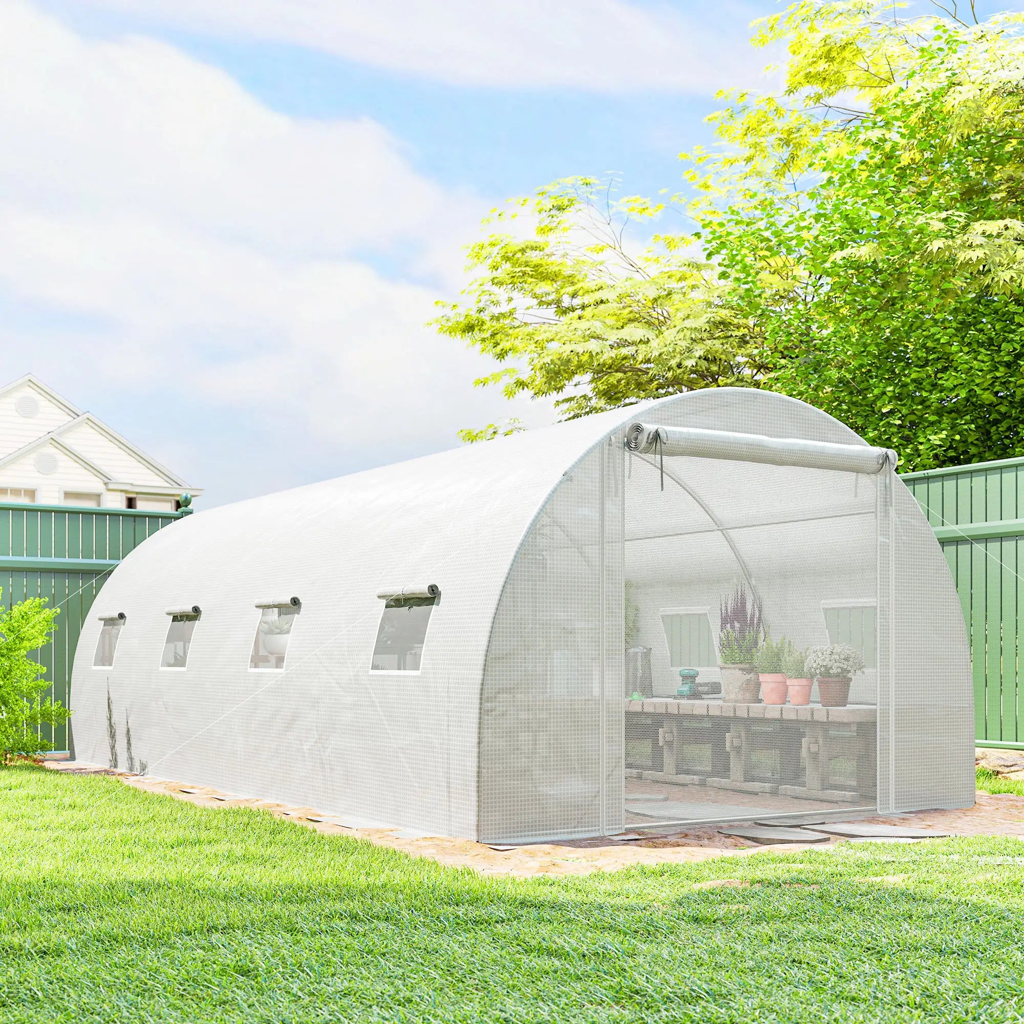Walk-in Tunnel Greenhouse, 20'x10'x7', Mesh Door, PE Cover, White Tunnel Greenhouses at Gallery Canada