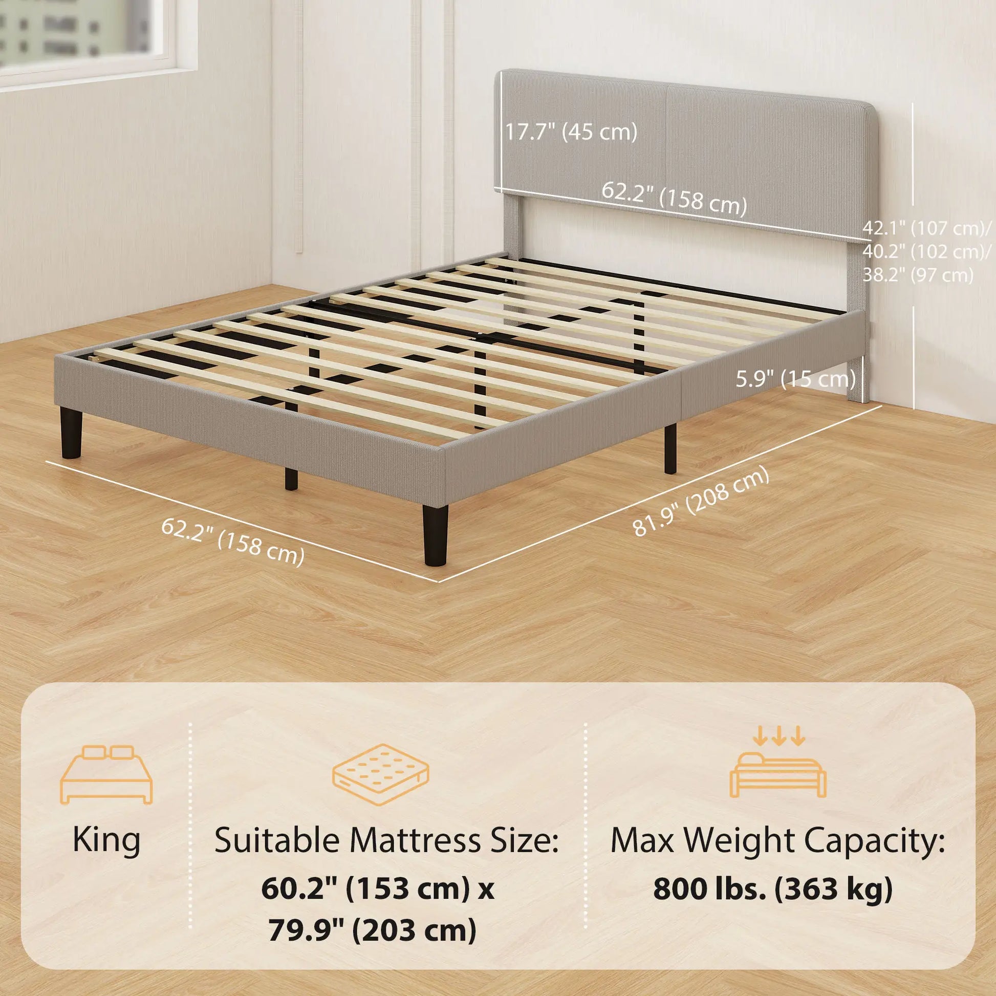 Queen Size Bed Frame, Adjustable Upholstered Headboard, Wood Slat Support, Light Grey Bed Frames at Gallery Canada