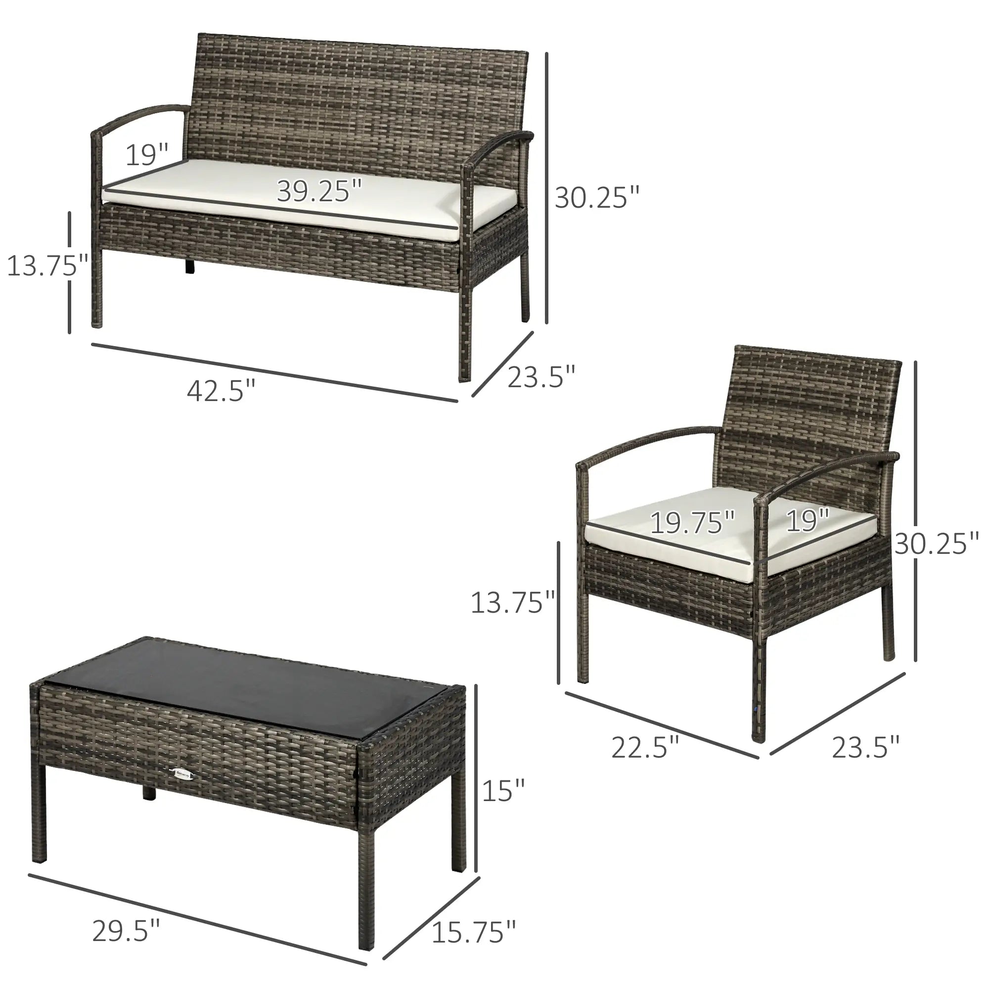 4-Piece Patio Set, Loveseat, 2 Armchairs, Coffee Table, PE Rattan, Cushions, Grey, Cream Patio Furniture Sets at Gallery Canada