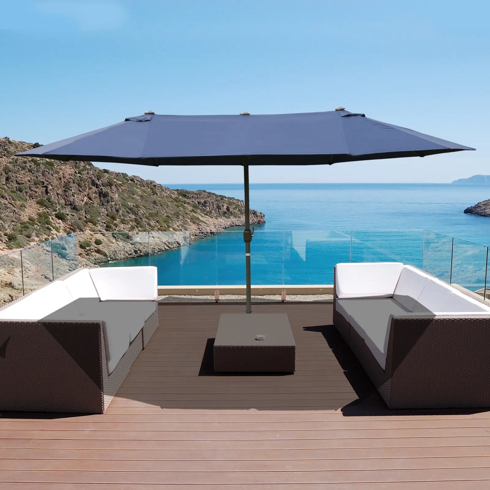 15' Outdoor Patio Umbrella, Twin Canopy Sunshade, Steel Table, Dark Blue Sun Umbrellas at Gallery Canada