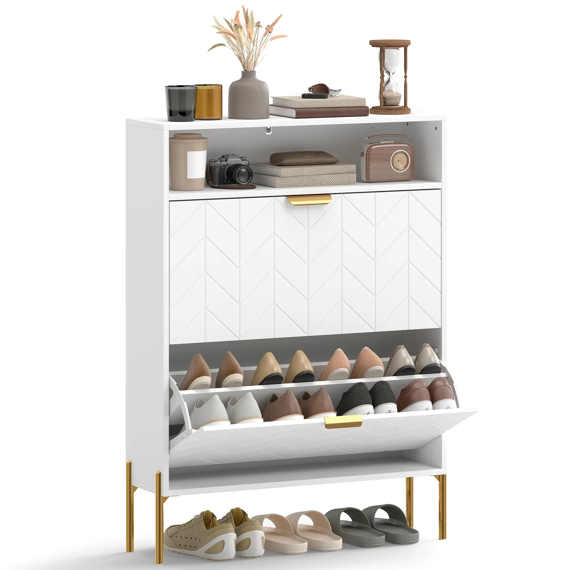Modern Shoe Cabinet, 2 Flip Drawers, Adjustable Shelves, White Shoe Storage Cabinets & Racks at Gallery Canada
