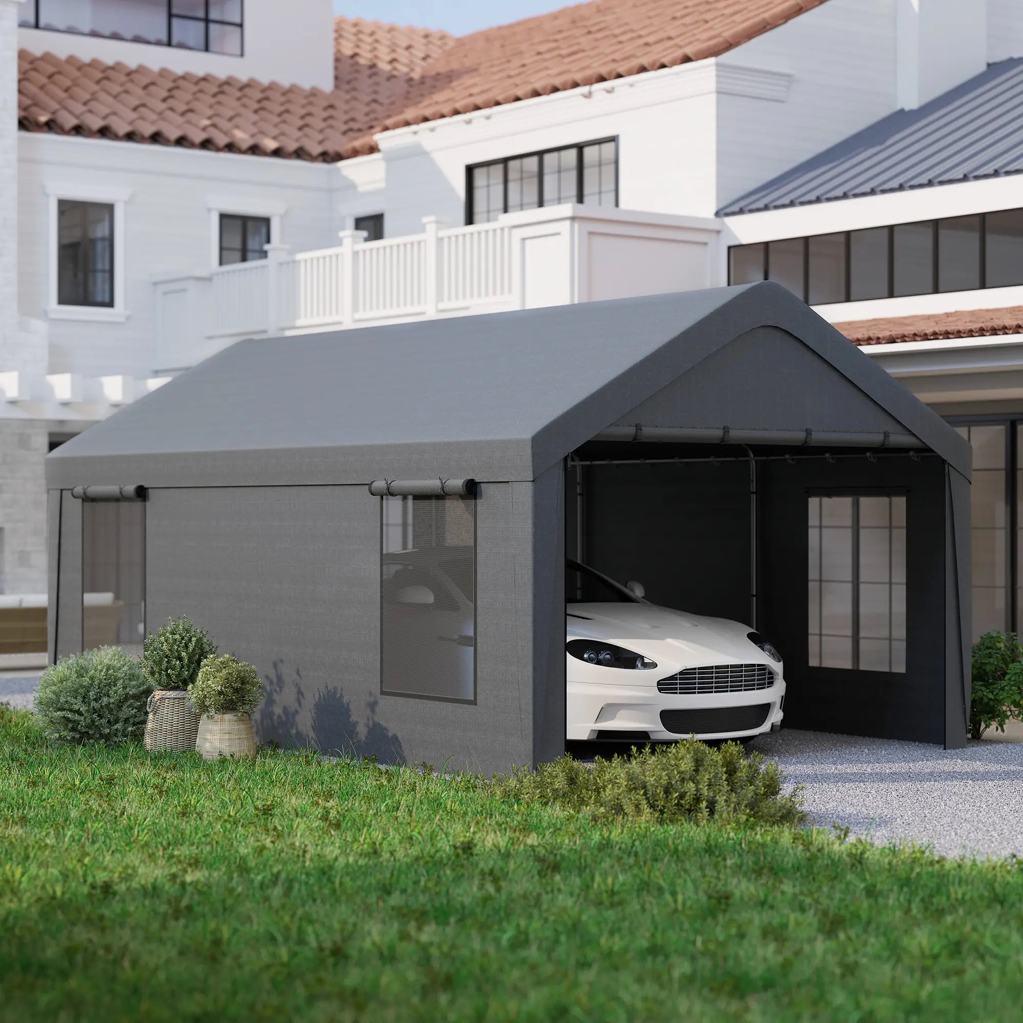 12 x 20ft Carport, 2 Roll-Up Doors, 4 Windows, Dark Grey Car Shelters at Gallery Canada