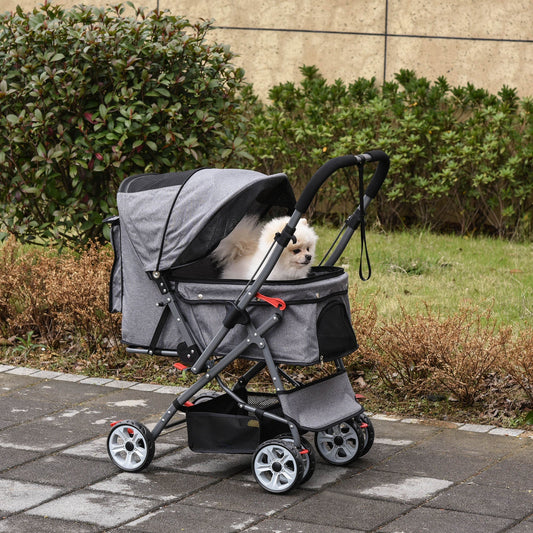 4 Wheels Pet Stroller w/ Reversible Handle, Foldable Dog Cat Travel Carriage w/ EVA Wheels Basket Storage Bag 3-stage Canopy Grey - Gallery Canada