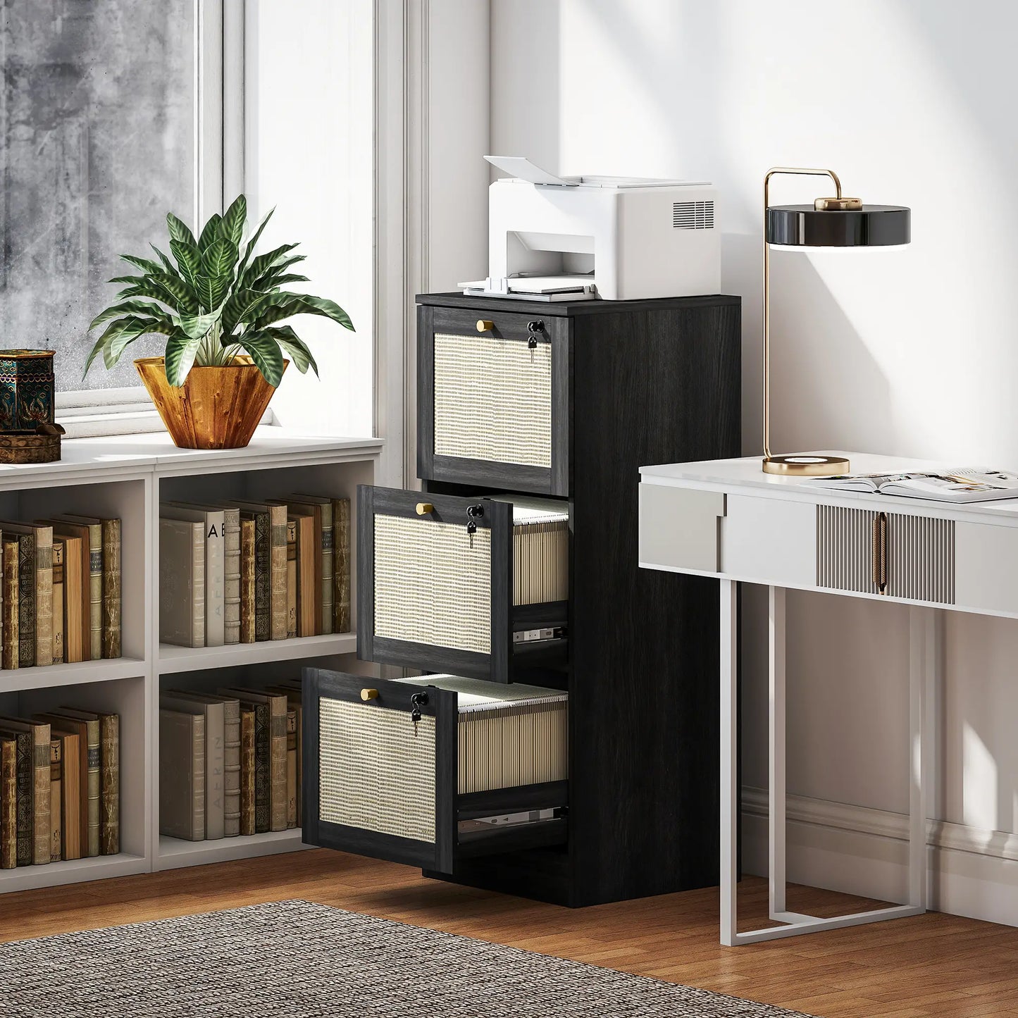 3 Drawer Filing Cabinet with Lock, Boho Style, A4 Letter Size, Black Office Cabinets & Cupboards at Gallery Canada