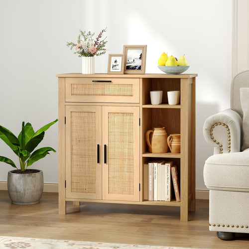 Boho Buffet Sideboard Storage Cabinet with Drawer and Rattan Woven Doors, Natural