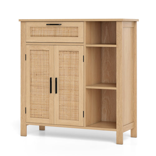 Boho Buffet Sideboard Storage Cabinet with Drawer and Rattan Woven Doors, Natural