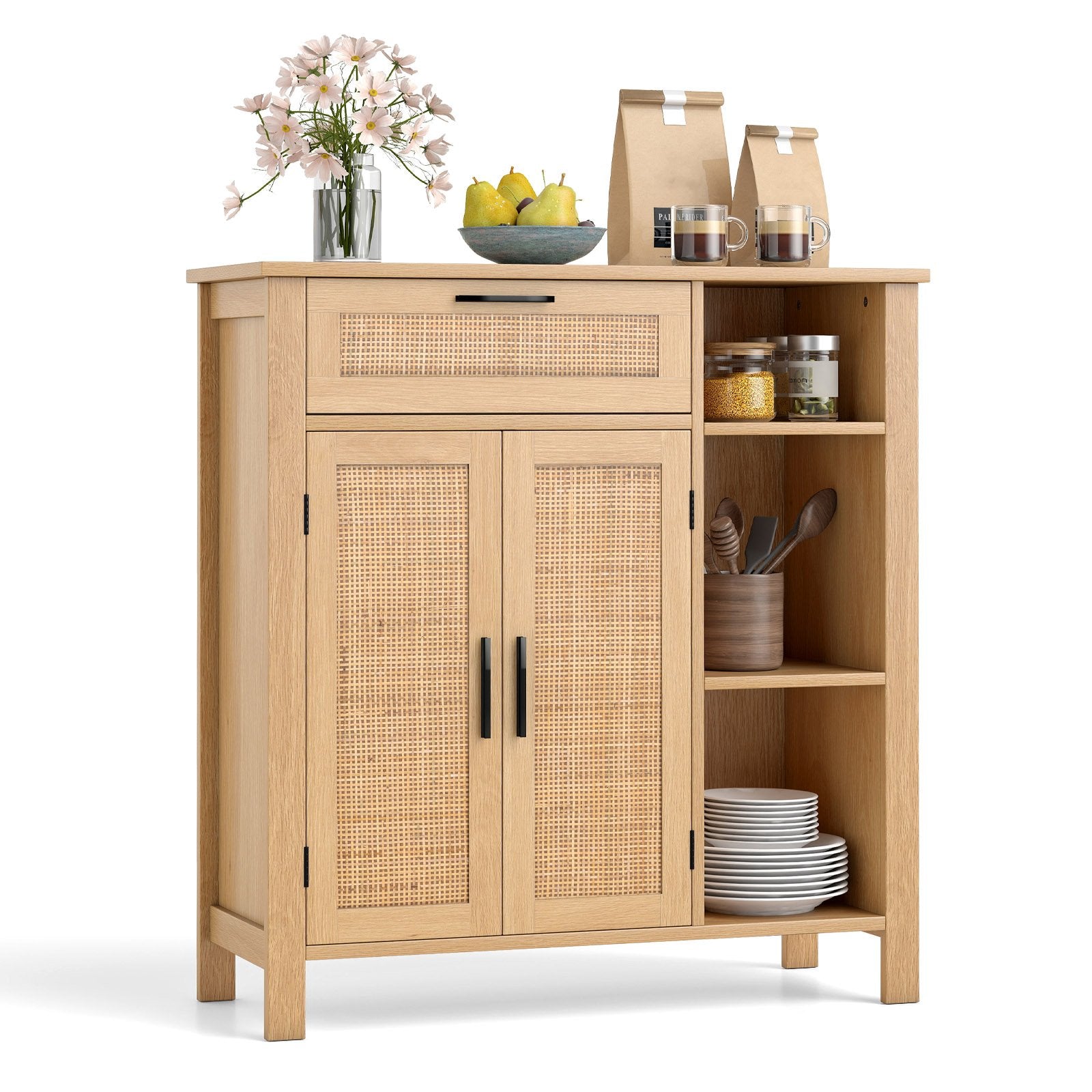 Boho Buffet Sideboard Storage Cabinet with Drawer and Rattan Woven Doors, Natural Sideboards Cabinets & Buffets at Gallery Canada