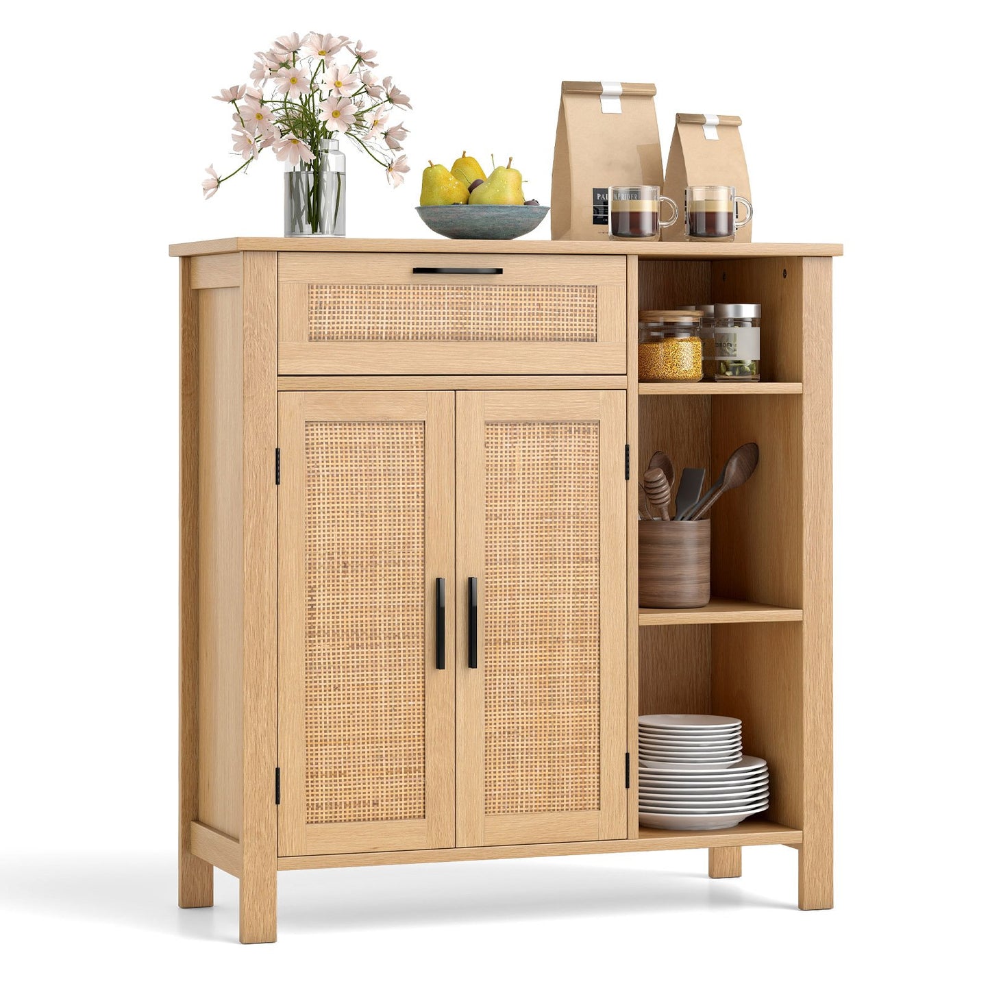 Boho Buffet Sideboard Storage Cabinet with Drawer and Rattan Woven Doors, Natural Sideboards Cabinets & Buffets at Gallery Canada