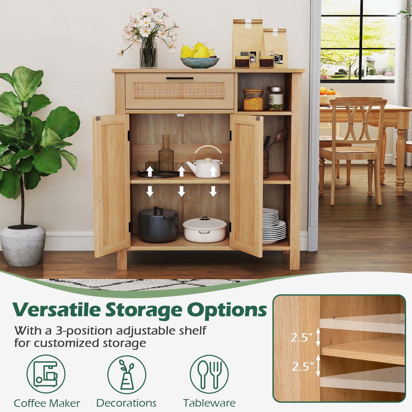 Boho Buffet Sideboard Storage Cabinet with Drawer and Rattan Woven Doors, Natural Sideboards Cabinets & Buffets at Gallery Canada