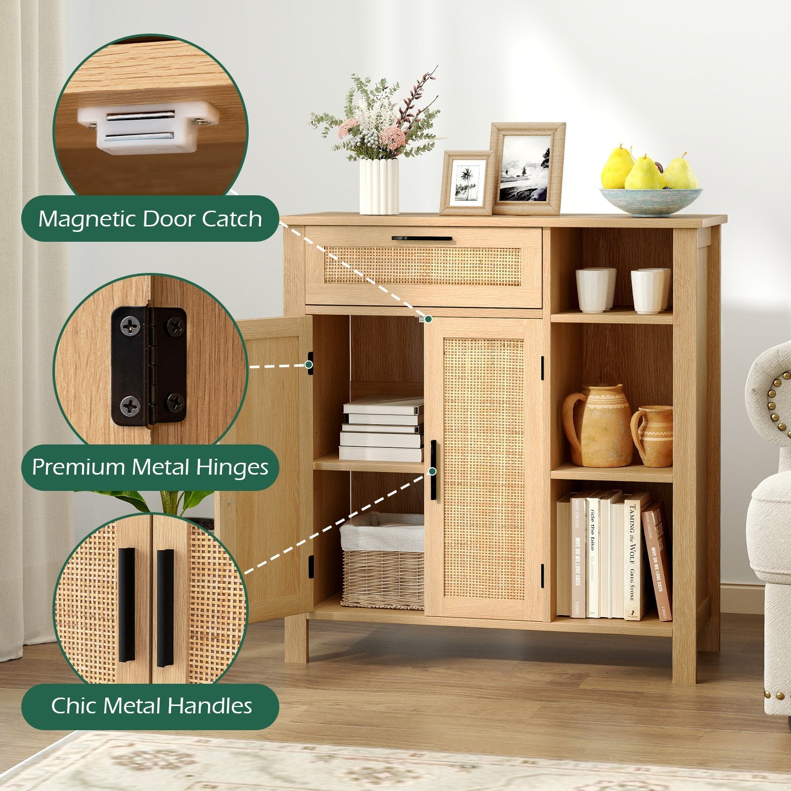 Boho Buffet Sideboard Storage Cabinet with Drawer and Rattan Woven Doors, Natural Sideboards Cabinets & Buffets at Gallery Canada