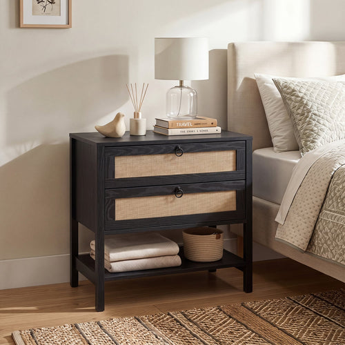 Rattan Nightstand, 2 Drawers, Open Shelf, Black