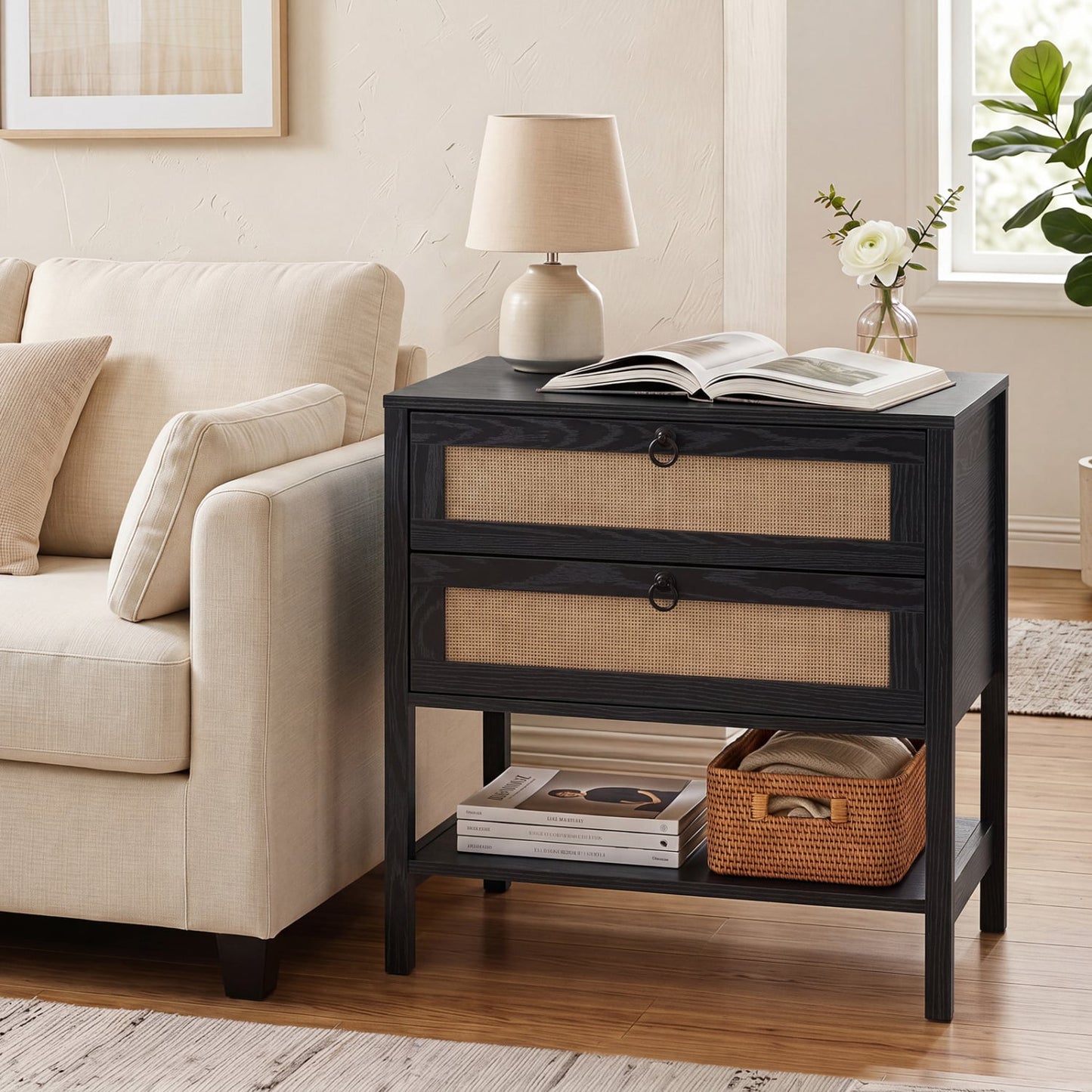 Rattan Nightstand, 2 Drawers, Open Shelf, Black
